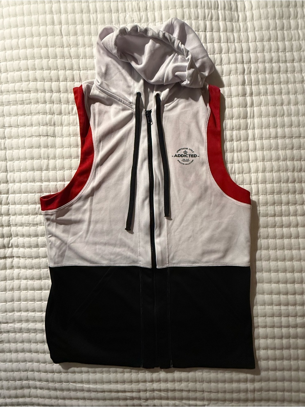 Addicted Men’s Sleeveless Zip Hoodie Vest in White, Black & Red. Sportswear.